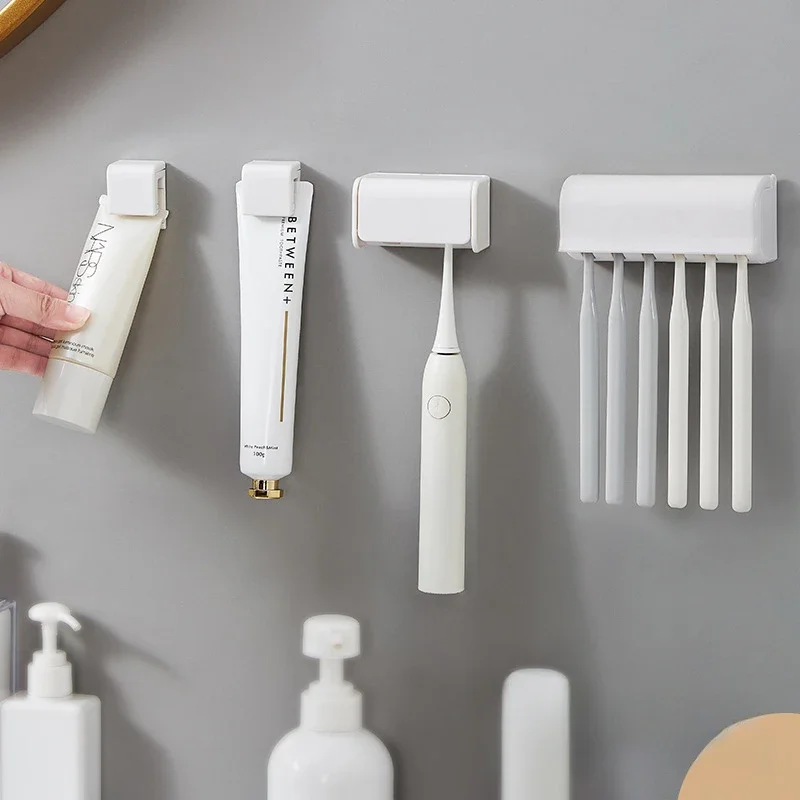 Bathroom Toothbrush Holder Wall Mounted Toothpaste Rack Punch-free Tooth Brush Storage Holder Bathroom Accessories