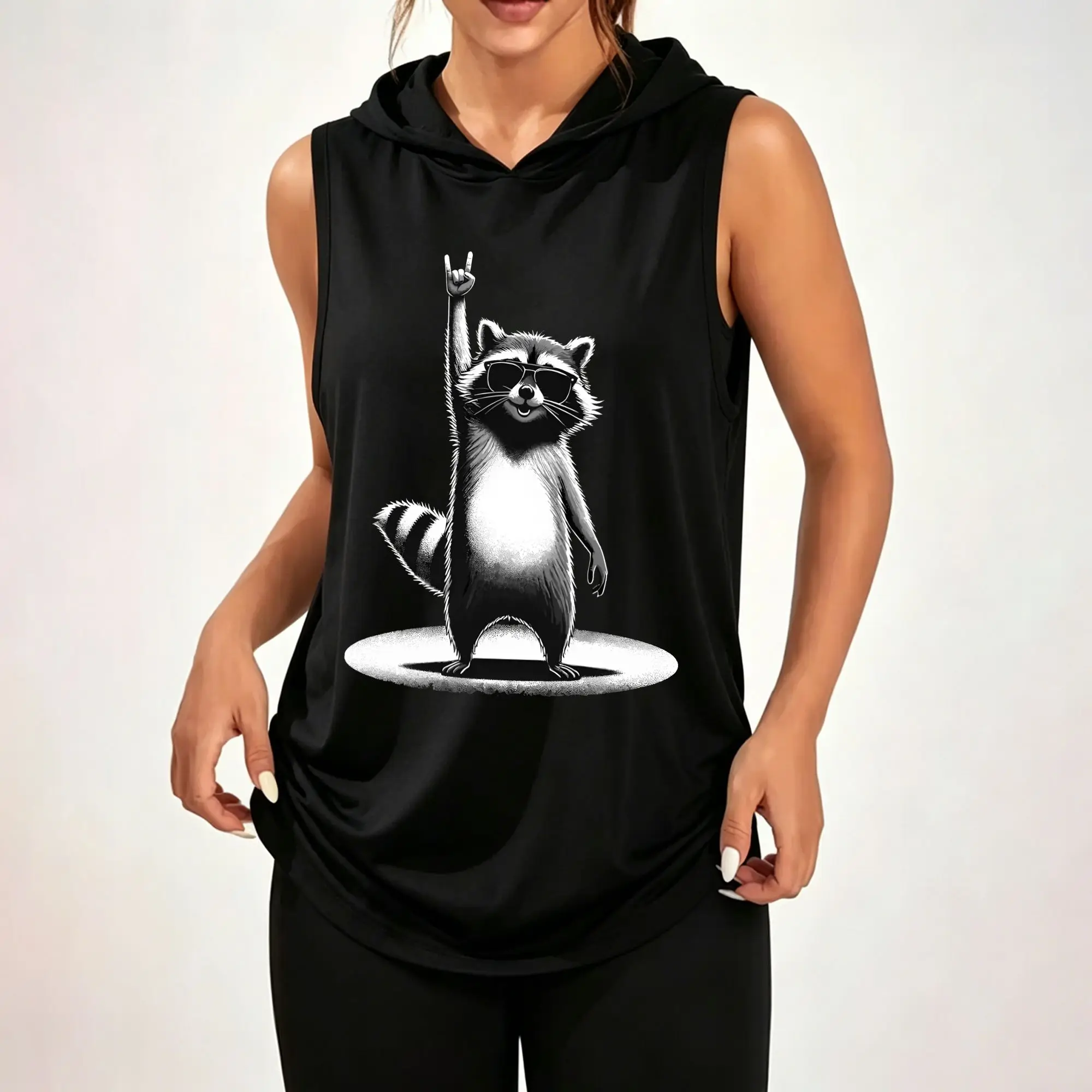 Sudadera sin mangas para mujer, con estampado gráfico de dibujos animados de mapache con gafas de sol y gesto de mano rockero, top casual con capucha