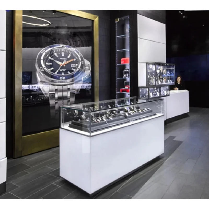 custom.Luxury Minimalist Black White Gray Watch Jewelry Display Cabinet, High-End Glass Showcase Luxury Watch Retail