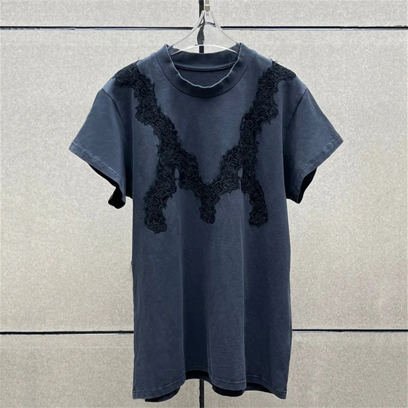 

Women's t-shirt New lace embroidered round neck pullover for summer 2026 Cotton blend short sleeved top Elastic Knitted tops y2k
