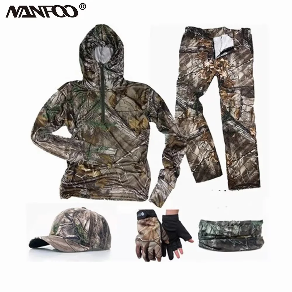 

Summ Thin Lightweight Tree Bionic Camouflage Hunting Fishing Clothes 5PCS A Set Soft Breathable Outdoor Sports Hoodie Pants Hat
