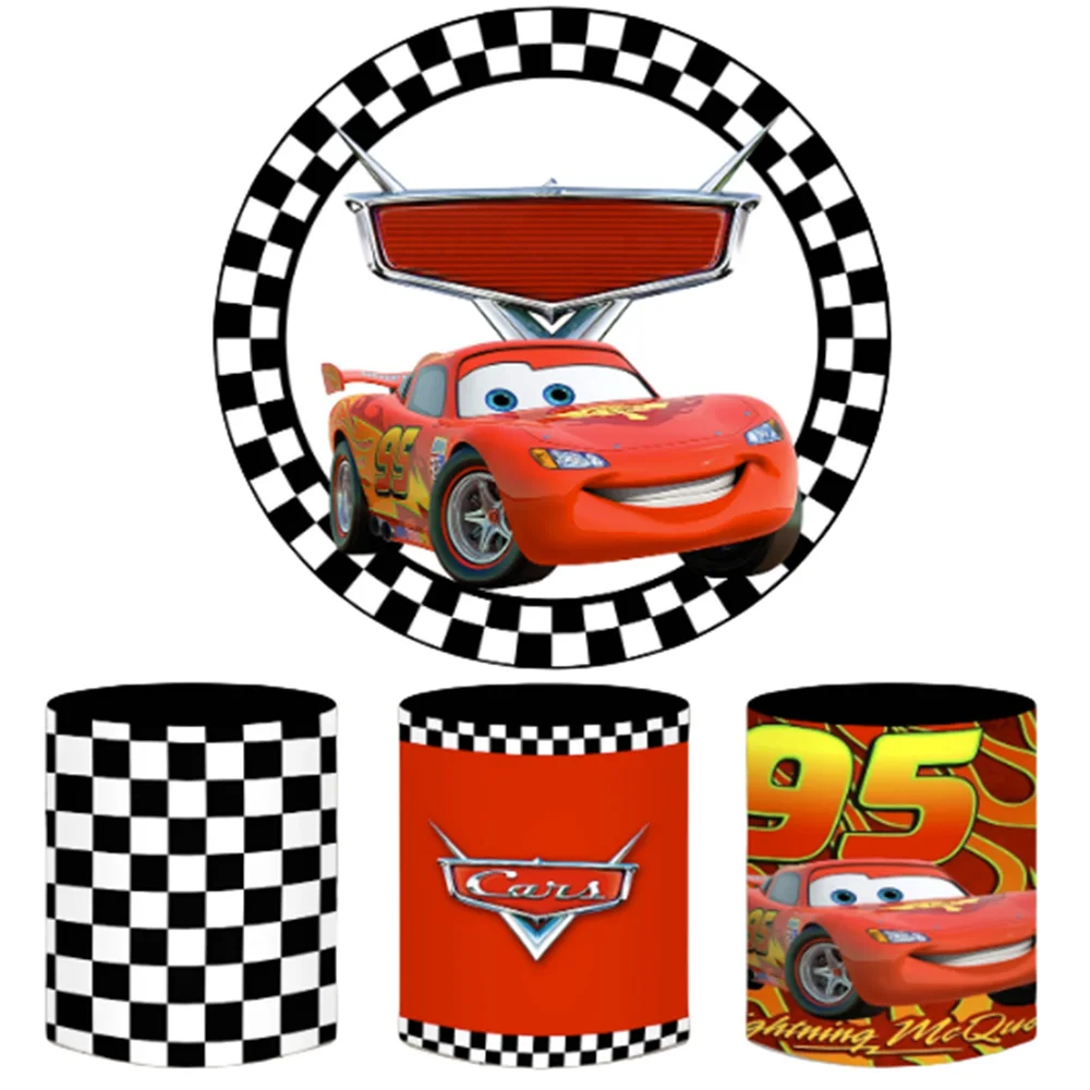 

Cars Lightning McQueen Round Backdrop With 3 Cylinder Covers Background Photography Baby Shower Boy Birthday Party Decor Props