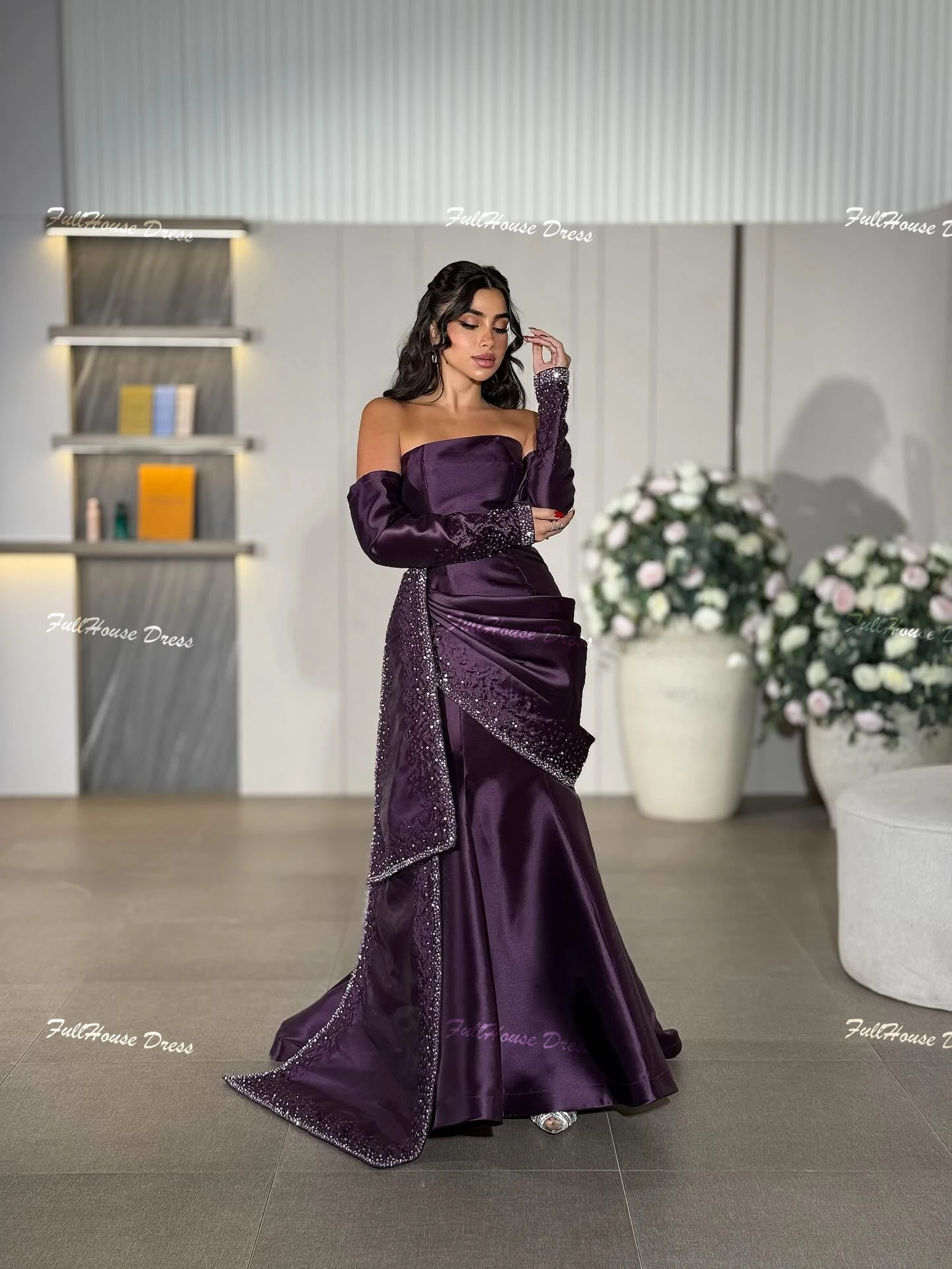 

Customized Timeless 3/4 Sleeve Boat Collar Satin Pleated Evening Dress Sexy Straight Backless Floor Length Beading Saudi Dress