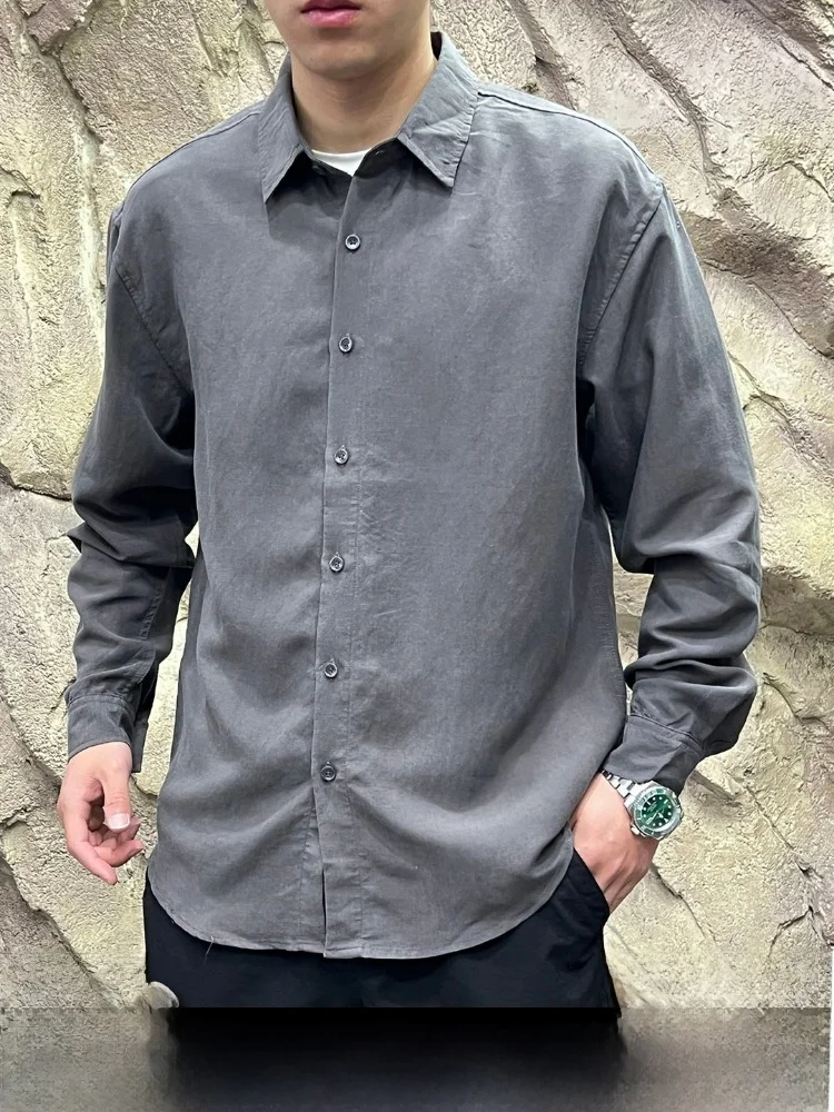 

Soft Gold Lenzing Linen Blend Men's High End Luxury Shirt Breathable Comfortable Spring Summer Flip Collar Long Sleeve Shirt