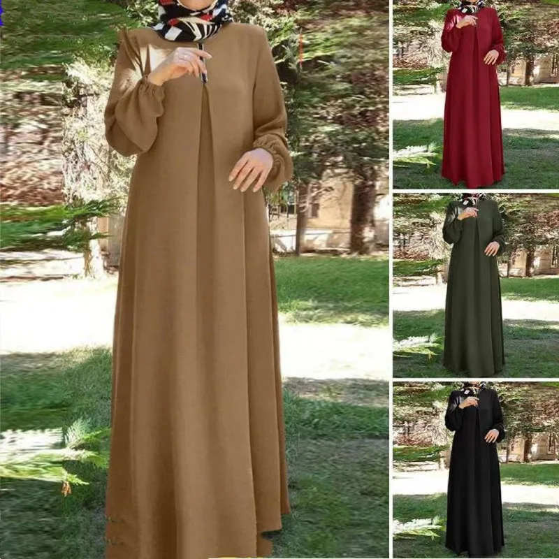 

Middle East Muslim Clothes Solid Color Long Sleeve Loose round Neck Dress Long Dress robe abaya dubai muslim dress women