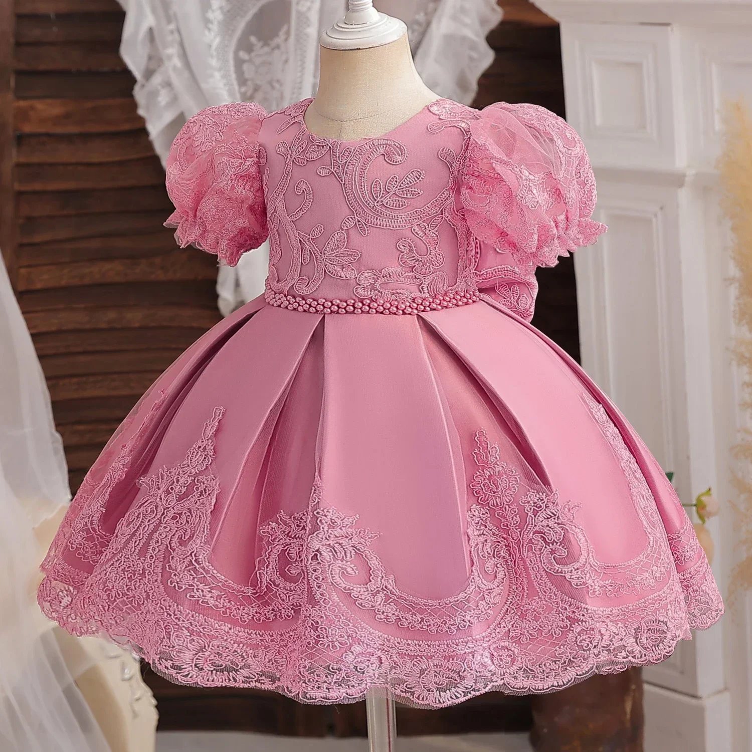 Dress for Todder Girl White Lace Embroidery Princess Dress Baby Girls Christening Flower Costume Wedding Infant Puff Sleeve Gown