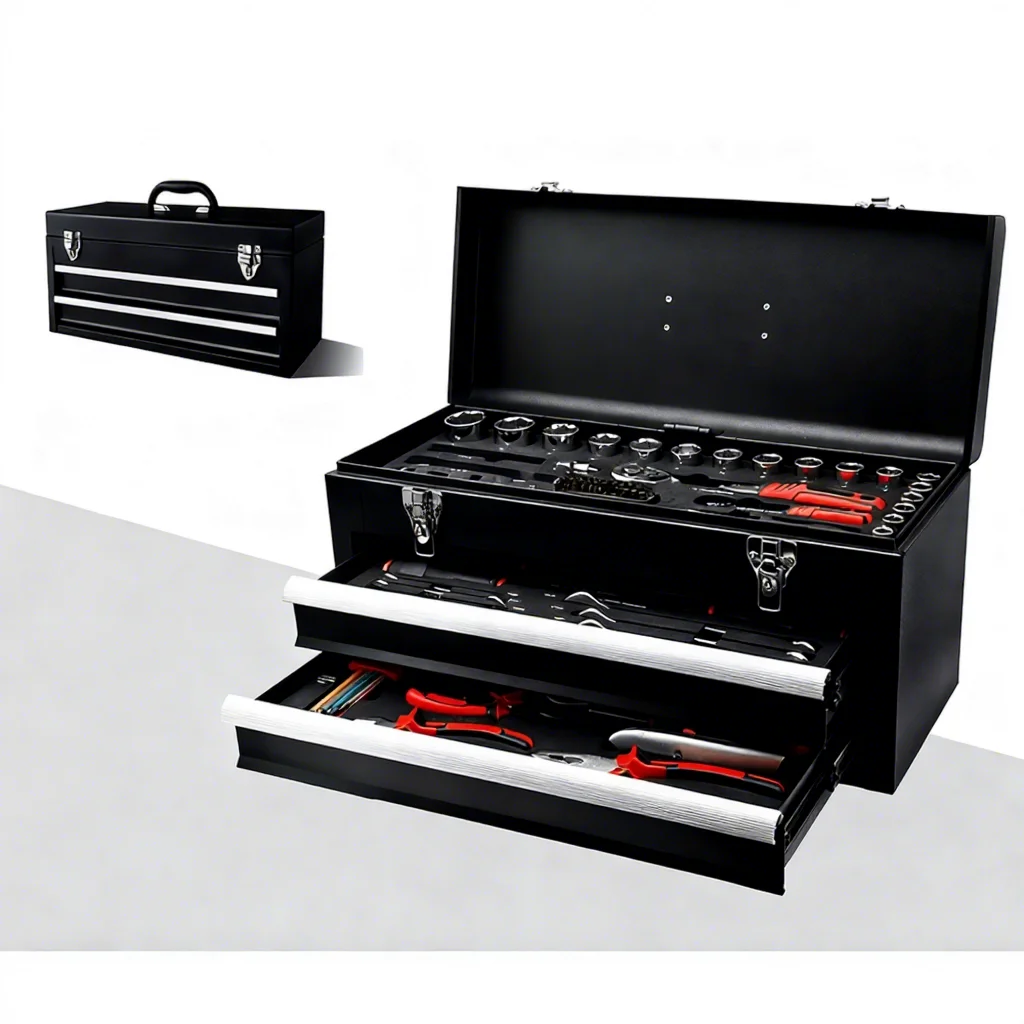 

Metal Tool Box With Drawers Portable Steel Tool Box With Protective Liner And Latch Closure And Lock For Garage And Home