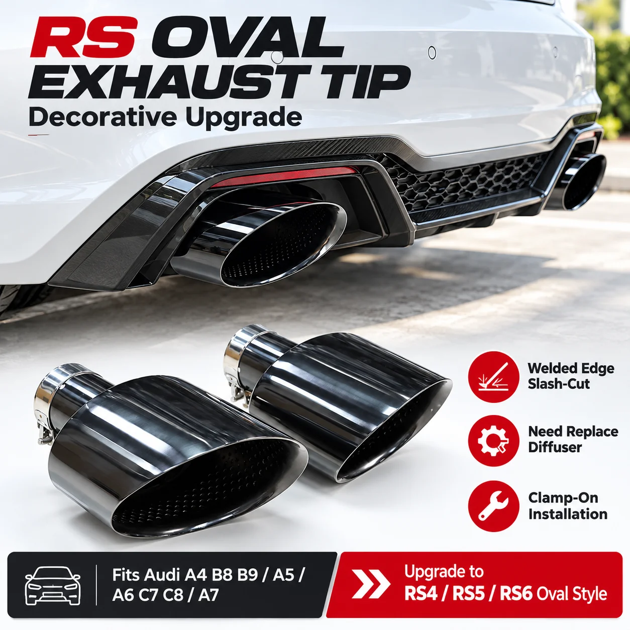 Upgrade RS4 RS5 RS6 RS7 Style Exhaust Tip Oval Exhaust Tip For Audi A4 B8 B9 A5 A6 C7 C8 A7 ID63mm Slant Tailpipe Muffler Tip
