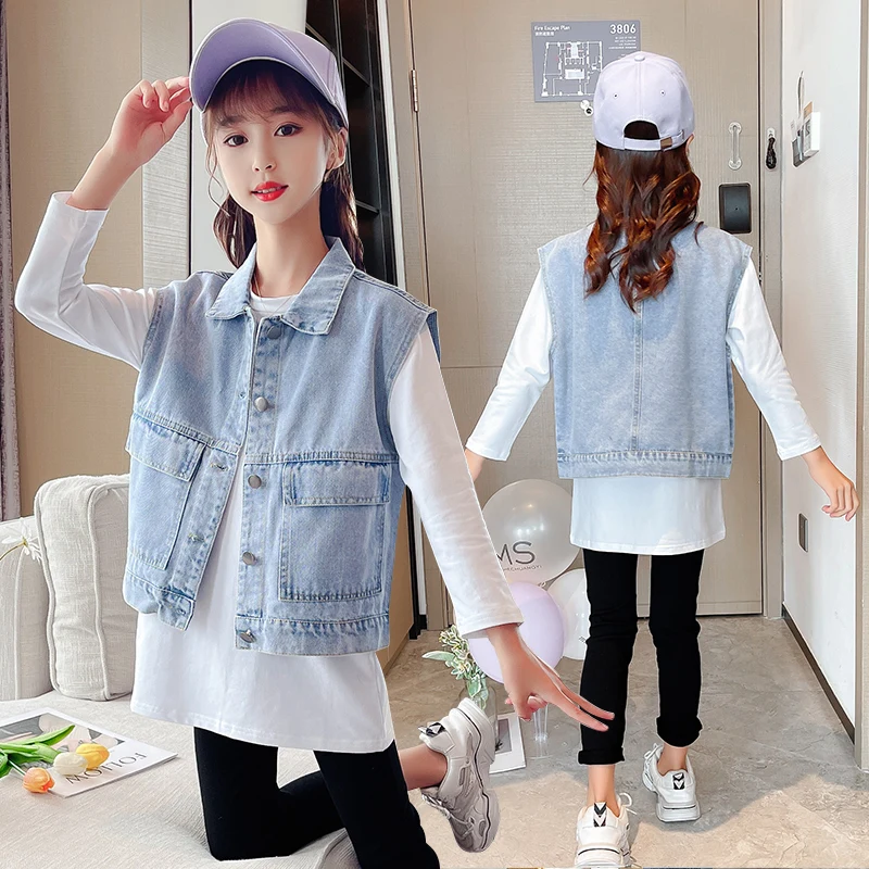 Brief Stylish Children Classic Denim Vest with Pockets for Boys Girls Casual Spring Sleeveless Jacket Kids School Waistcoat