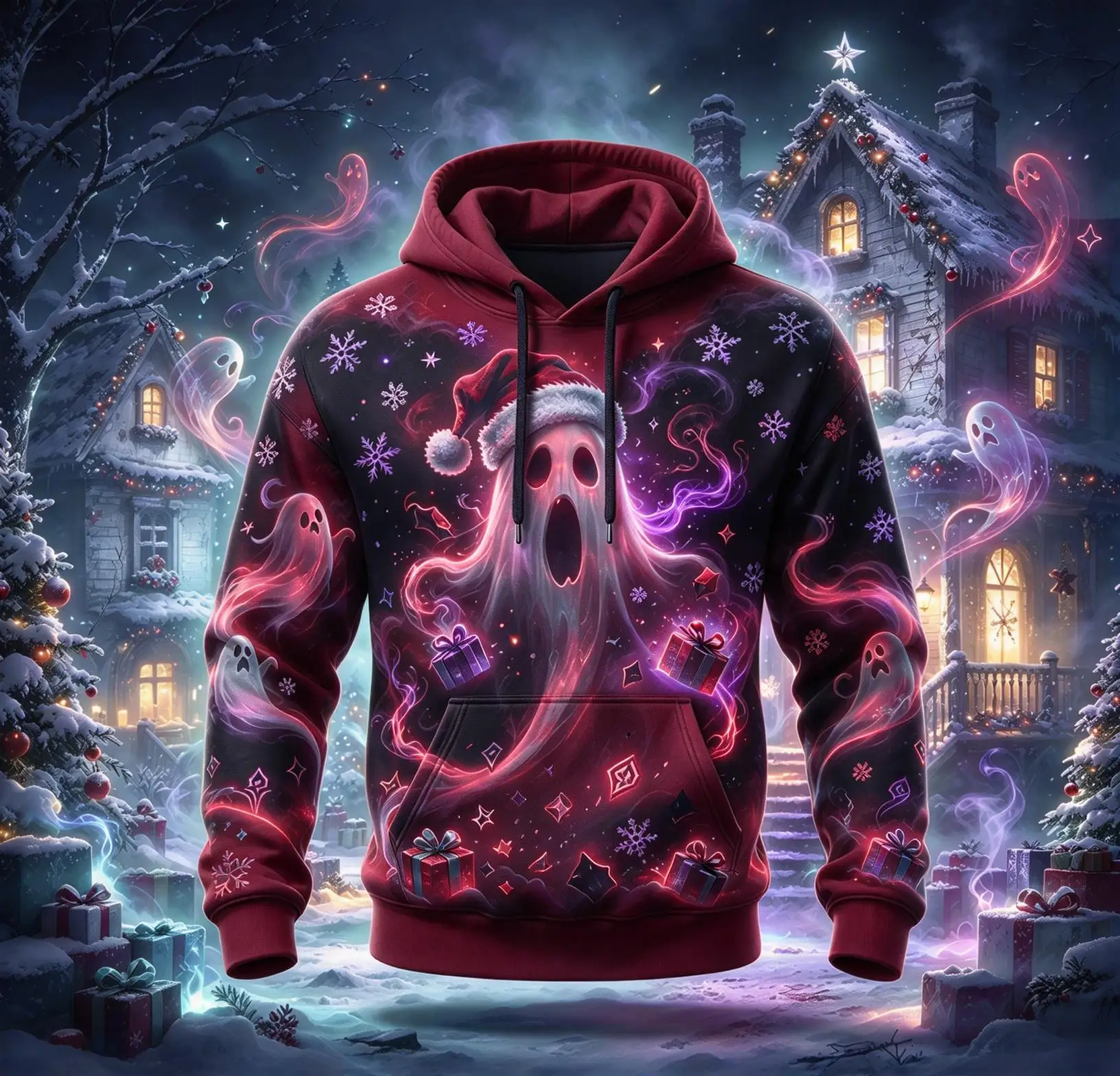 Winter Mens Hooded Sweatshirt Snow Ghost Full Print Fleece Lining Hoodie Dark Xmas Street Pullover Tops