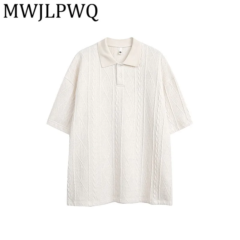 

MWJLPWQ 2025 Summer Knitted T-Shirt Male Modish American Style Simple Loose Lapel Short Sleeve Long Sleeve Casual Tops 21708