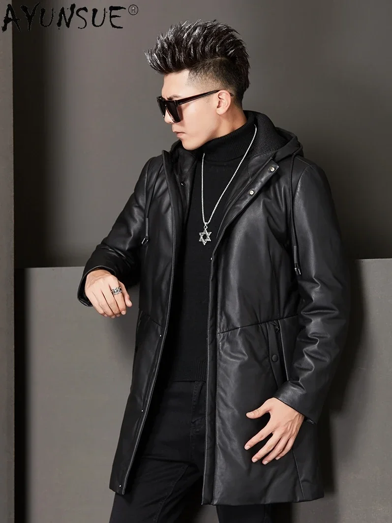 AYUNSUE Men Clothing Genuine Leather Winter Down Jacket Male 5XL Hooded Real Sheep Shearling Coat Thick Windbreaker Ropa LXR341