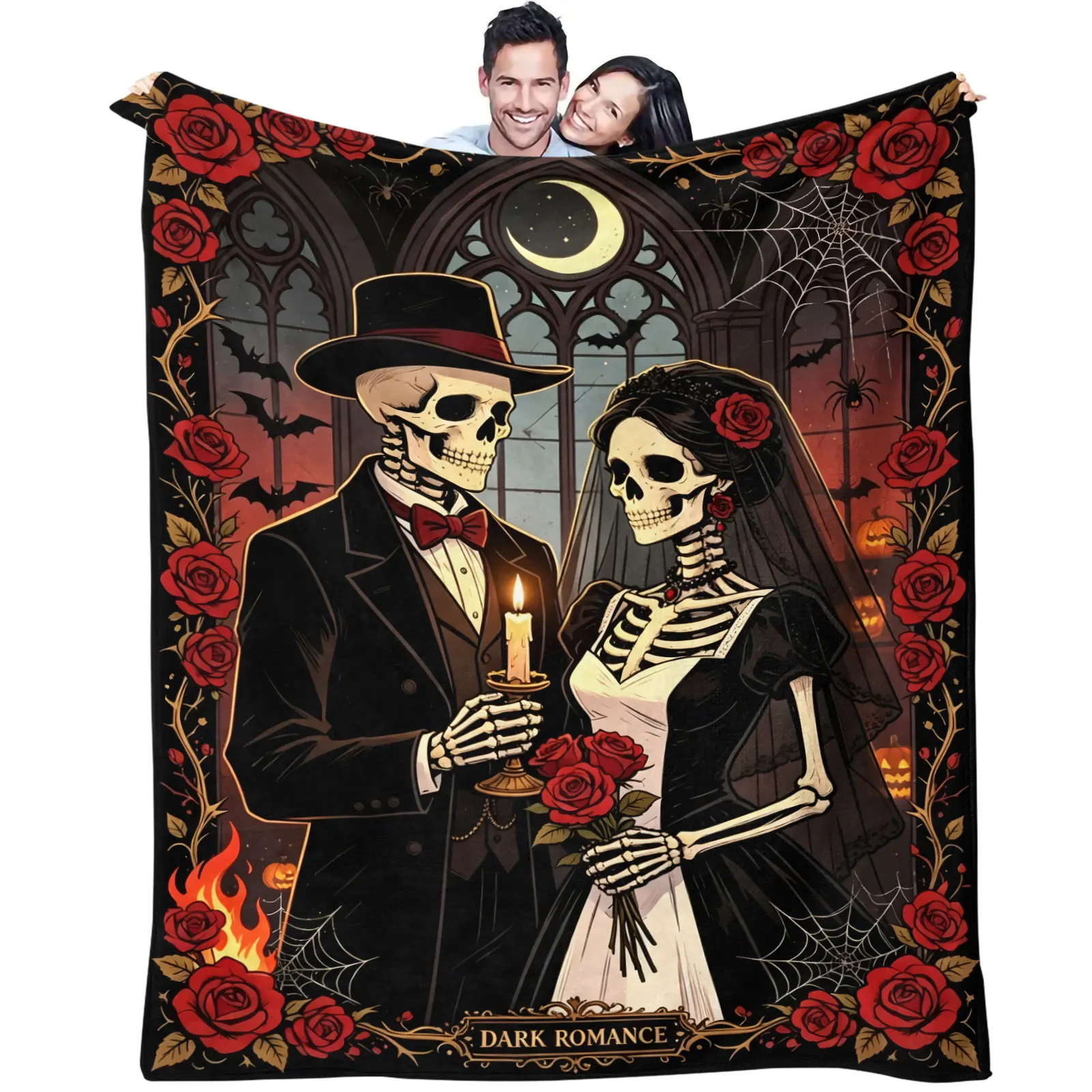 Dark Romance Skeleton Bride Groom Throw Blanket Gothic Wedding Rose Pumpkin Print Flannel Blanket Spooky Halloween Home Decor