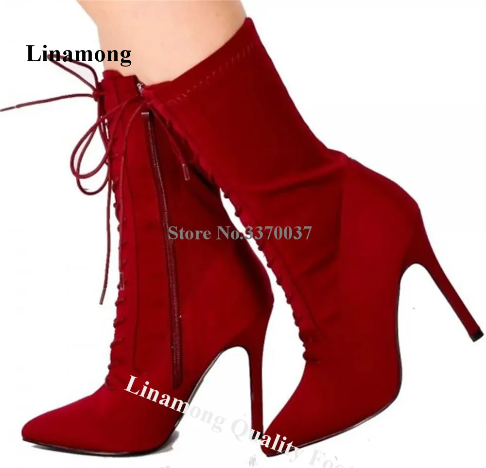 

Linamong Elegant Red Suede Thin Heel Short Boots Pointed Toe Lace-up Stiletto Heel Ankle Booties Big Size 47 Boots