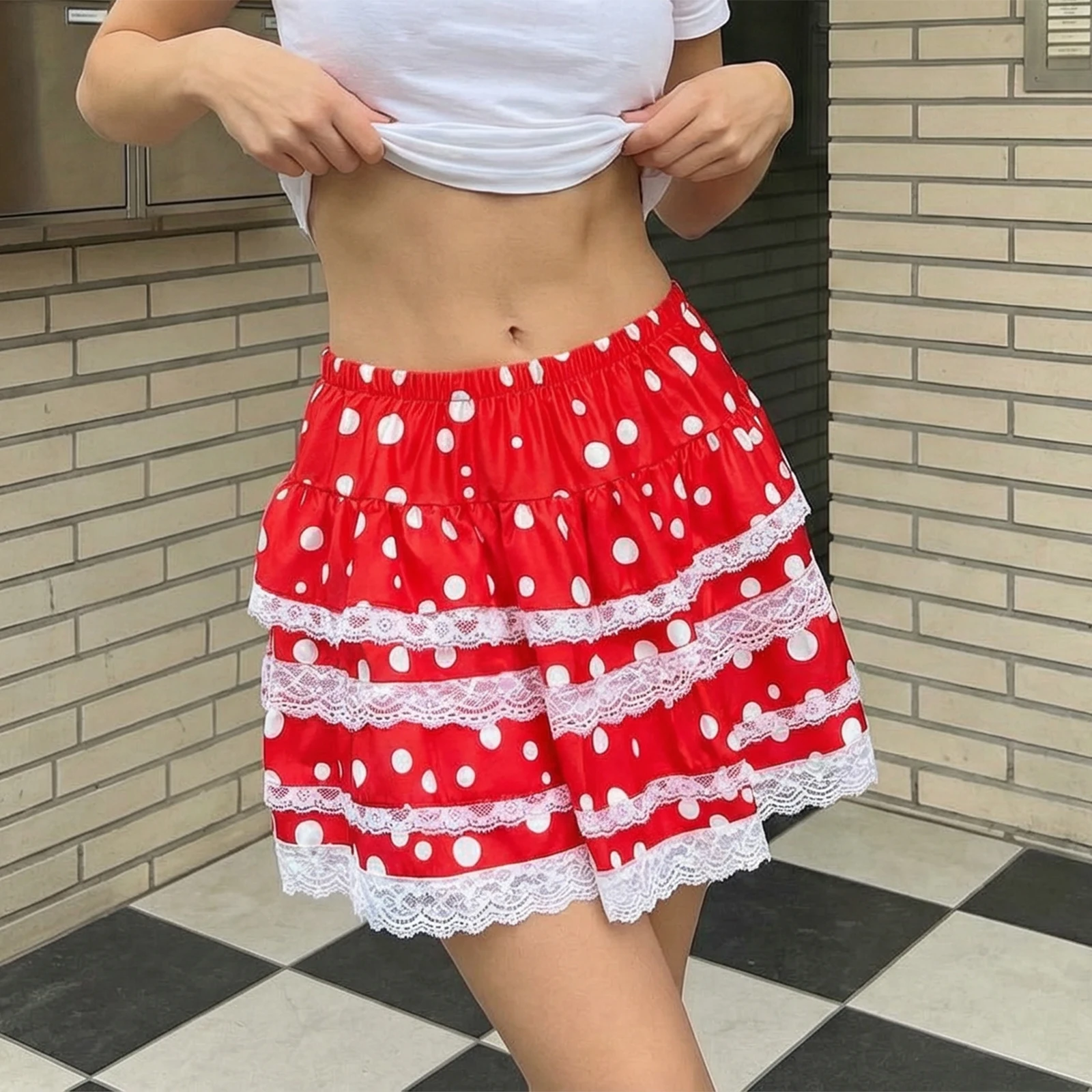 Frauen Minirock Sommer Spitzenbesatz geschichteter Rüschenrock japanische Lolita Gothic Y2K ästhetische Kleidung – Detail 13