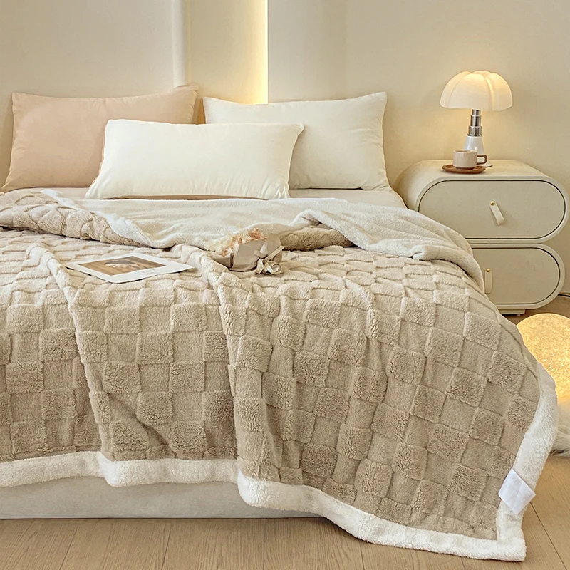 Warmth Double Layer Blanket,Thickened Coral Fleece +Lamb Cashmere Like Bed Cover ,Grid Sofa Cover,Home Bedspread 180*200 Bedding