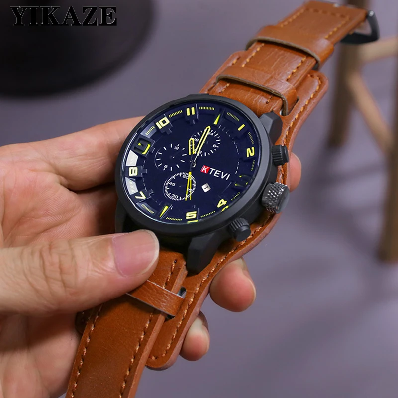 Vintage Men Watch Leather Strap Sports Quartz Men\'s Watches Fashion Big Dial Date Business Electronic Wrist watch Clock for Men