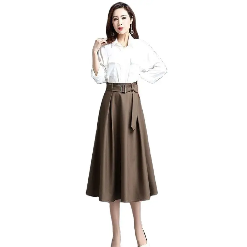 Female Half Body A Character Skirt Pring Summer New High Waist Medium Long Camel Pleated Loose Lady Fashion Elegant Long Skirt