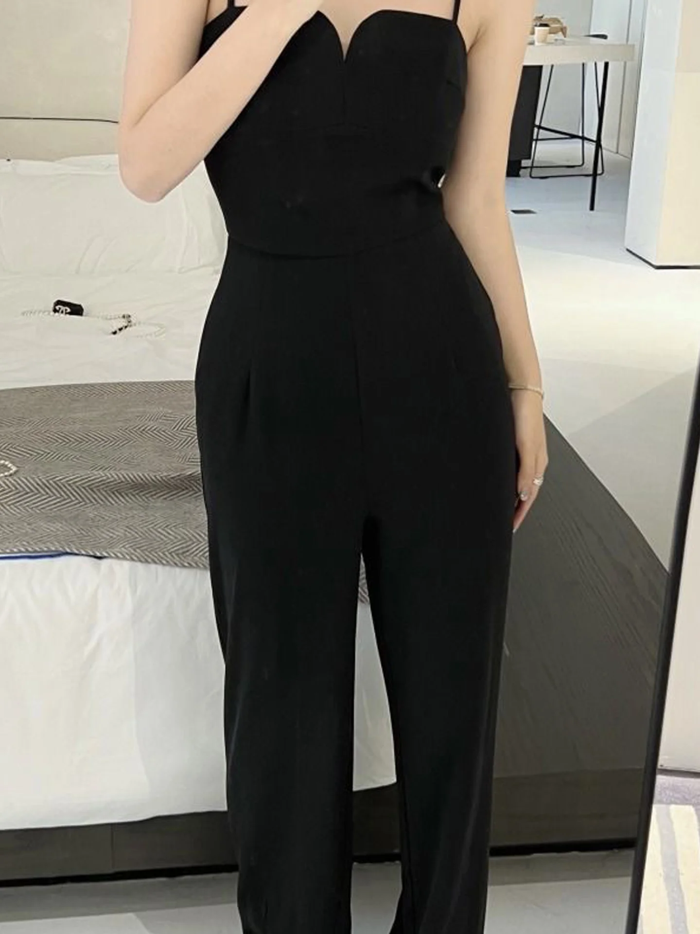 Elegant Black One-Piece Romper Women's Fashion High Waist Straight Leg Suiting Pants Casual Wear Polyester Fiber Micro Stretch