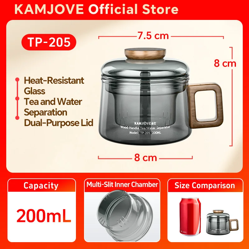 

KAMJOVE 200ml Borosilicate Glass Hand-Blown Tea Cup with Transparent Grey Wooden Handle and Built-in Filter TP-205