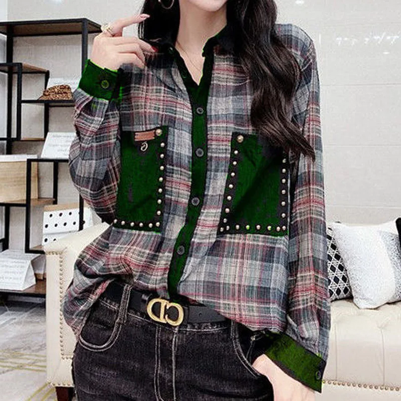 Blus Single-Breasted Patchwork Vintage Mode Pakaian Wanita Musim Semi Kemeja Kerah Turn-Down Lengan Panjang Longgar Cocok untuk Semua