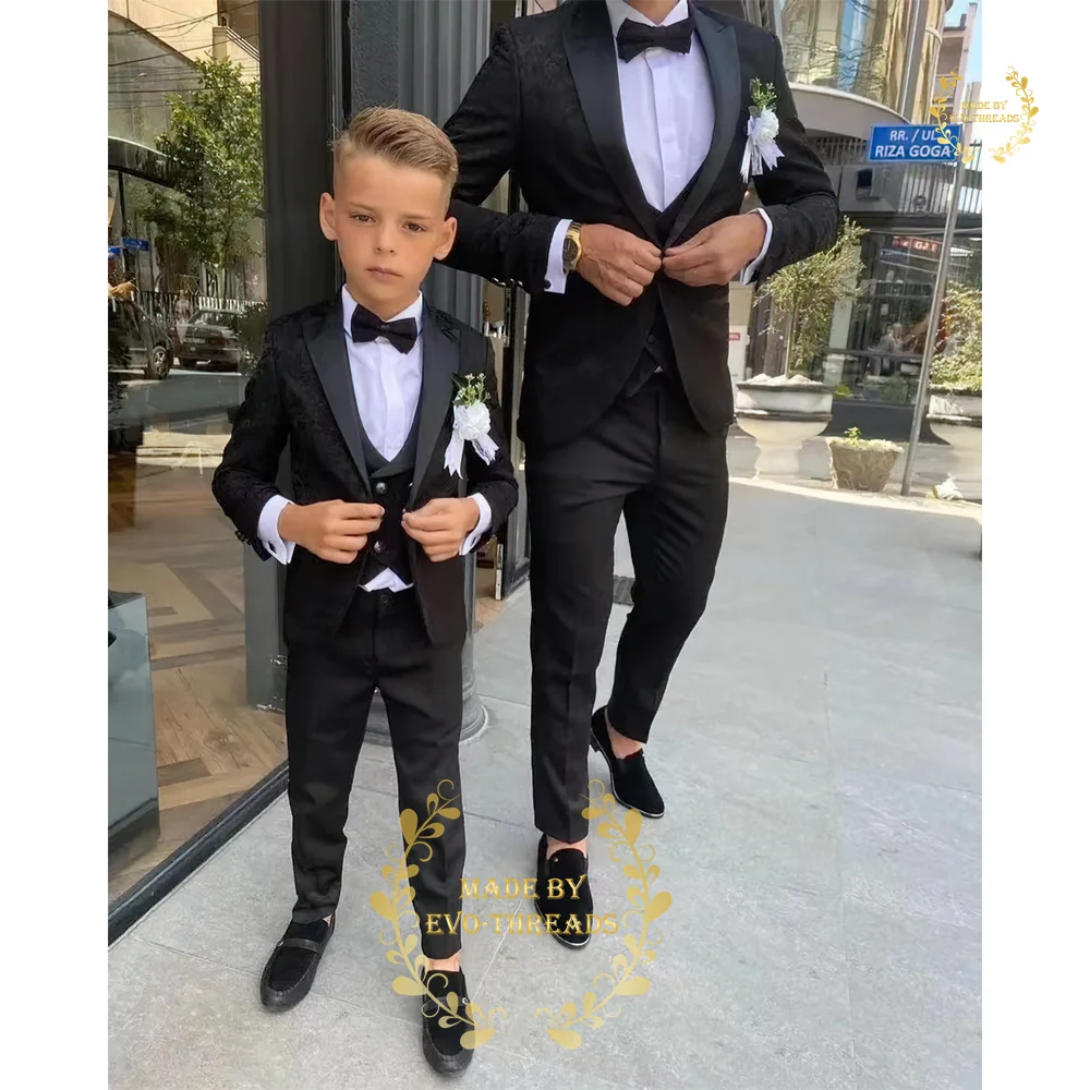 Boy Suits 3 Piece (Jacket+Vest+Pants) Black Floral Premium Set for Kids Wedding Prom Birthday Easter Party, ZHIO Custom Tuxedo