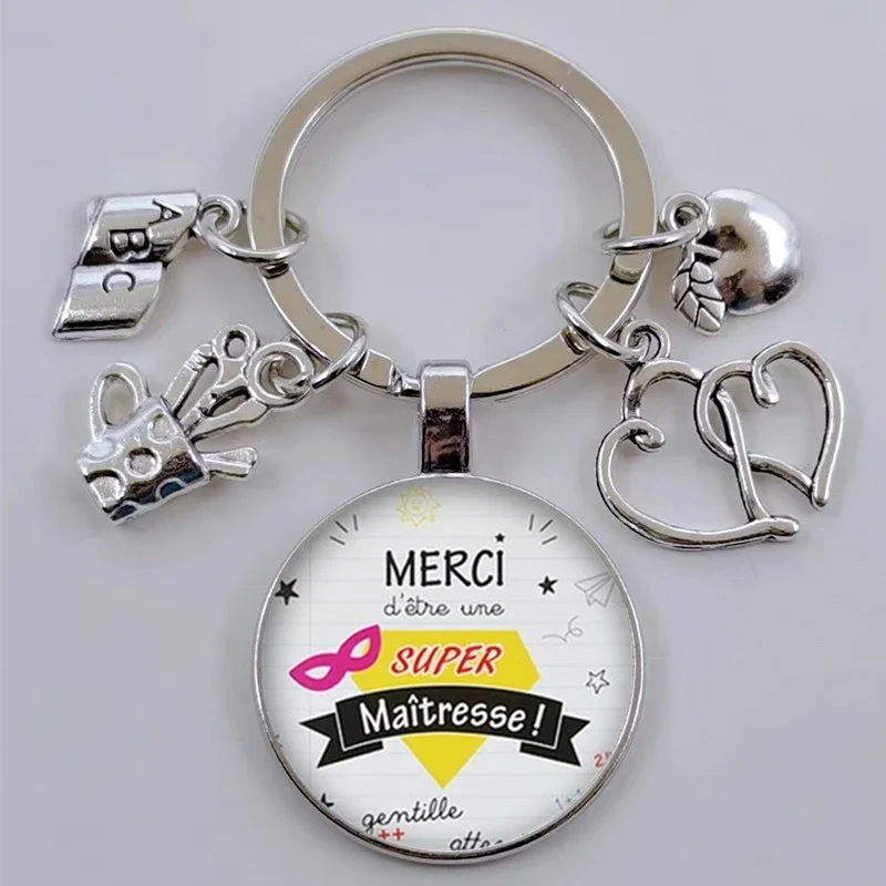 Hot selling Merci Maitresse Super Maitresse French word keychain glass DIY keychain teacher gift