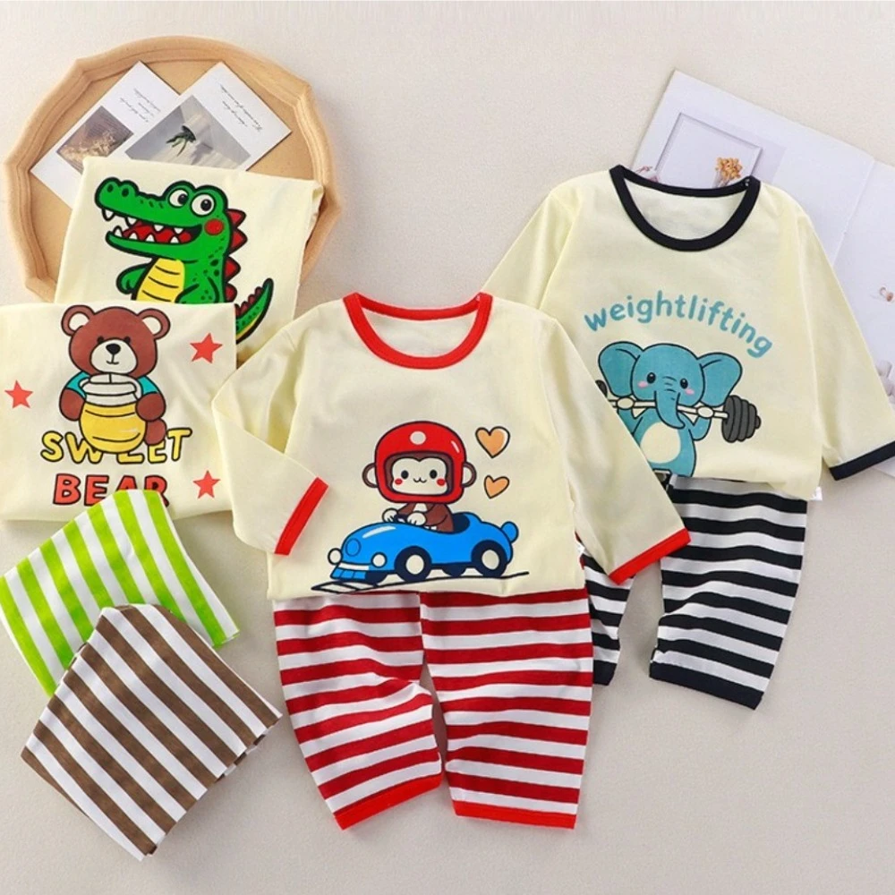Summer New Children's Home Clothing Set, Boys' Cartoon Air Conditioning Clothes, Girls Thin Cotton Striped Pajamas Two-piece Set