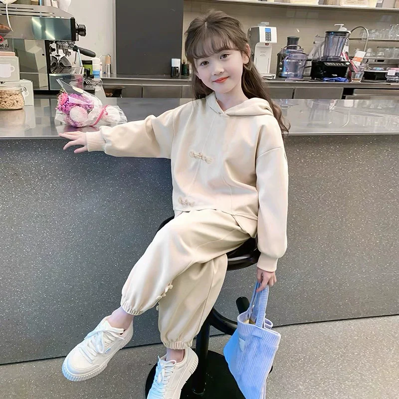 2026 Spring Autumn Girls Fashion Plain Sweet Sweatshirt+Sweatpant Sets School Kids 2PCS Tracksuit Children Jogging Outfit 5-16 Y