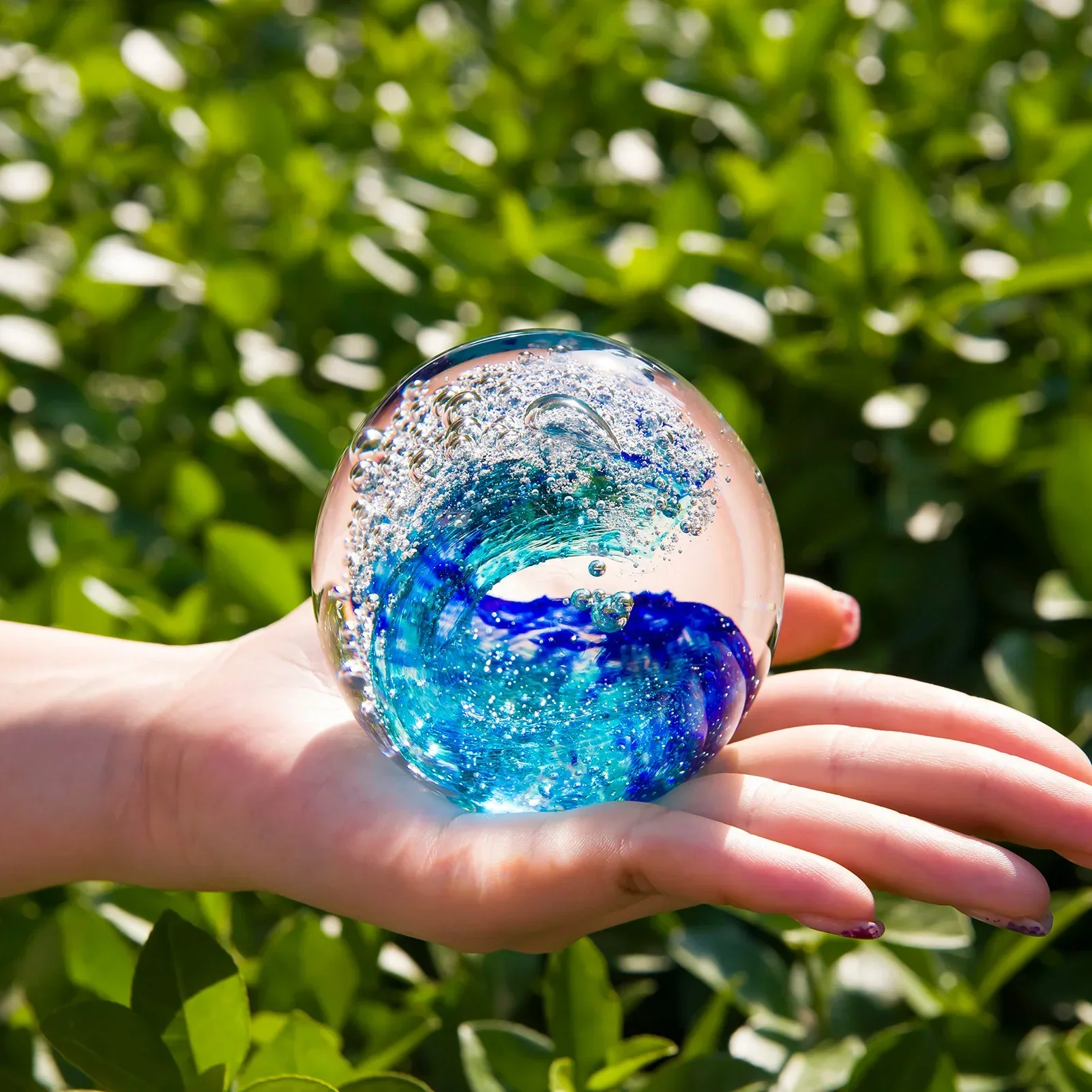 Hand Blown Ocean Wave Bubble Glass Paperweight(Present A Gift Box) Art Colored Glaze Figurines(3.2 Inch/8cm Cyan Blue)