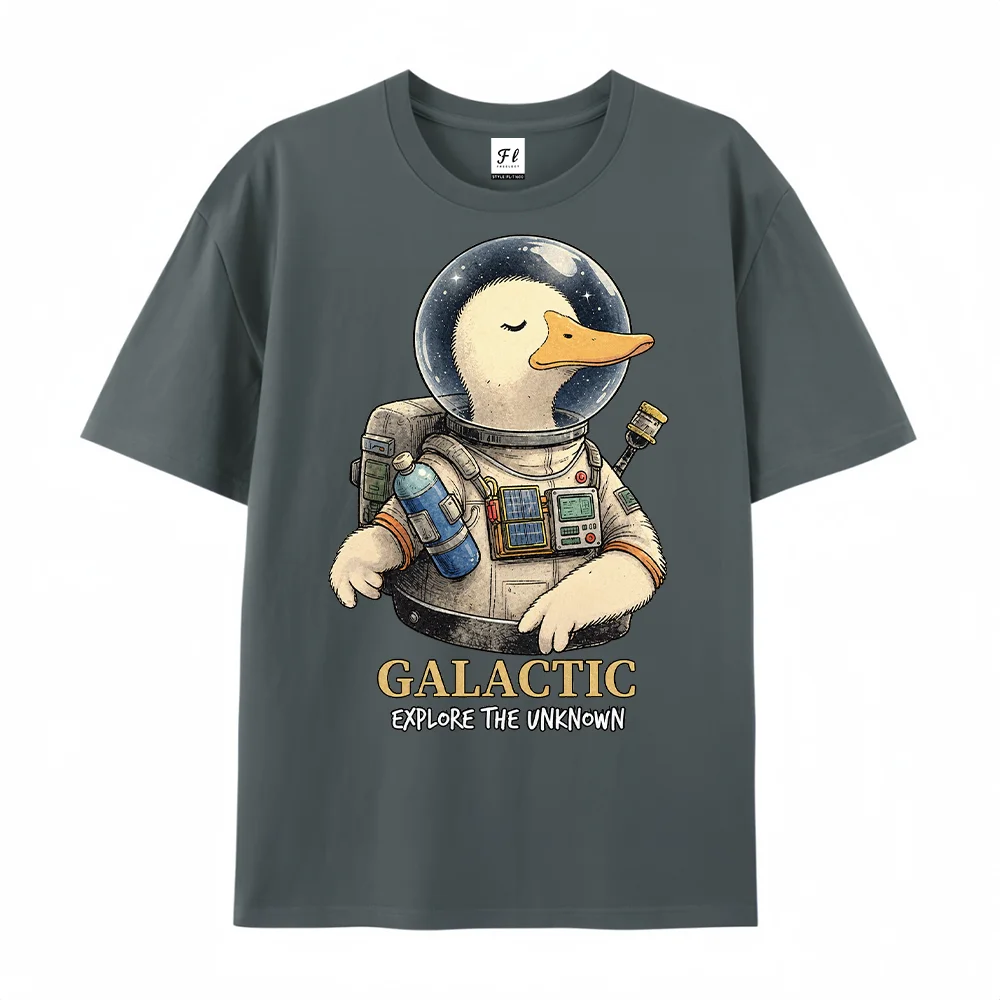 Unisex Astronaut Duck Galactic Explore The Unknown Graphic T Shirt Funny Space Animal Print Crew Neck Casual Loose Tee Tops