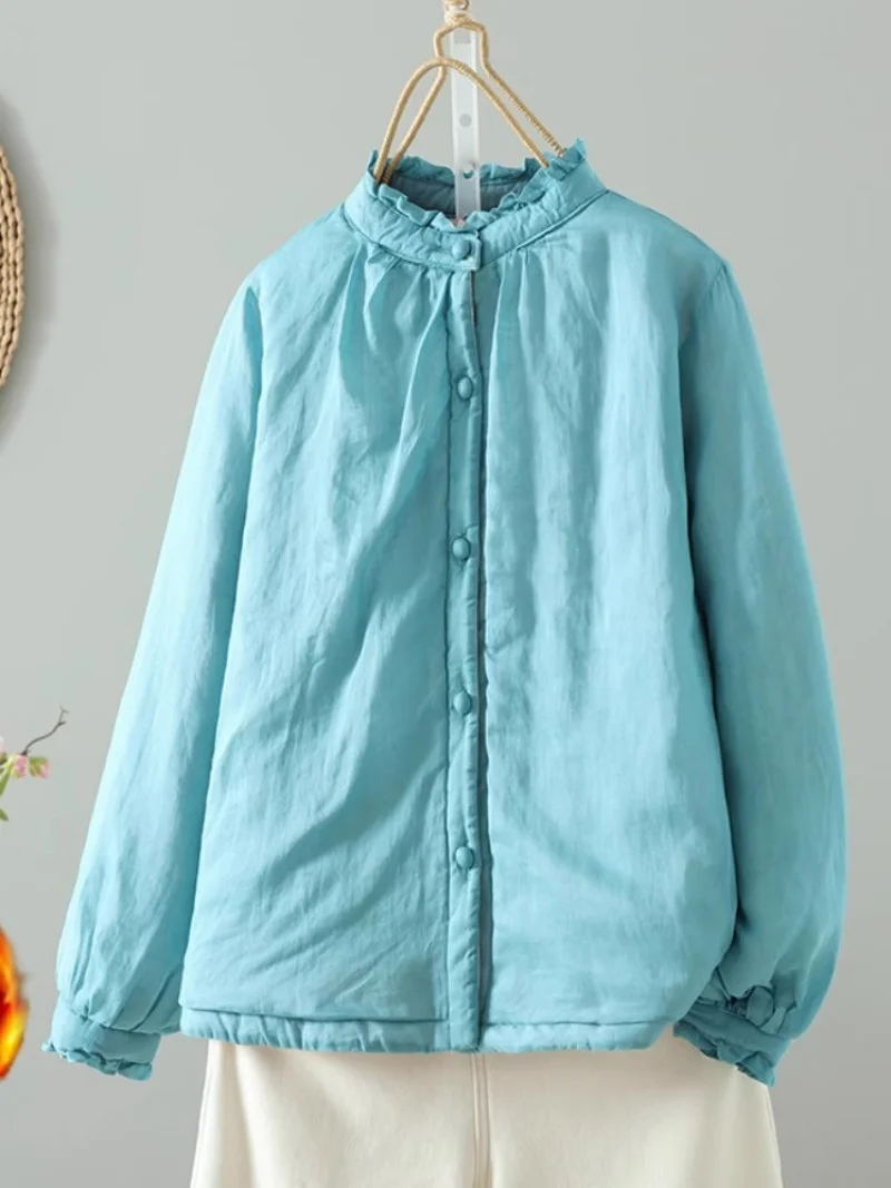 خريف شتاء 2025 المرأة سترة قطن الوردي النمط الصيني القطن الكتان قاعدة مبطن معطف علوي W194