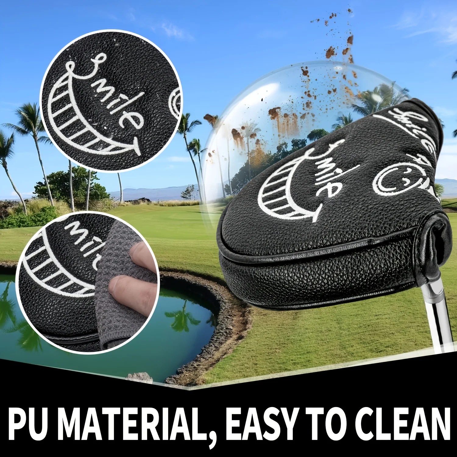 1pc Golf Mallet Putter Cover with Grinning Face Pattern & PU Material - Semi-Circular Design Suitable for Most Major Golf Brands image 3
