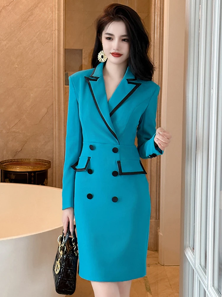

New Business Formal Occasion Short Dresses Women Mujer Ladies Elegant Blue Commute Blazer Slim Mini Dress Femme Street Clothes