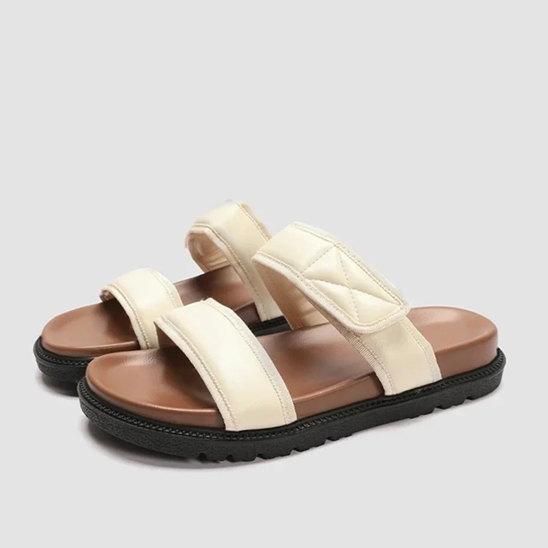 

Woman White Flats Slipper Round Peep Toe Flip-flops Shoes 2024 Summer Thick Bottomed Beach Blippers Ladies Casual Flats Sandals