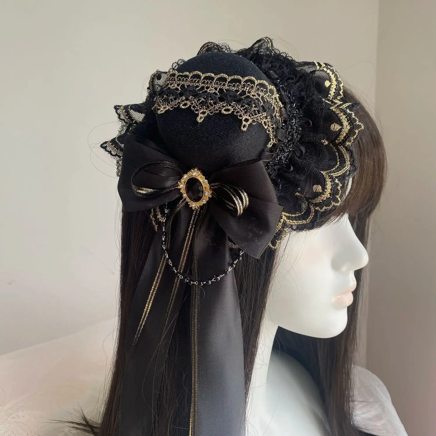 

Handmade Black Gold Lolita Mini Hat, Lace Bow Hair Clip, Elegant Gothic Headwear, Retro Daily Cosplay Sweet Hair Accessories