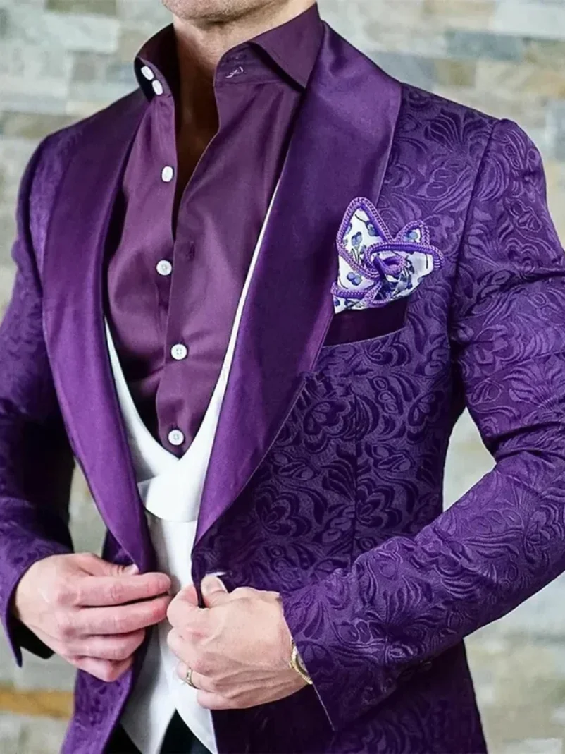 3 PieceLuxury Jacquard Men Suits 2024 Italian Design Purple Smoking Wedding Tuxedo  Prom Party Suits for Men (Blazer+Vest+Pants)