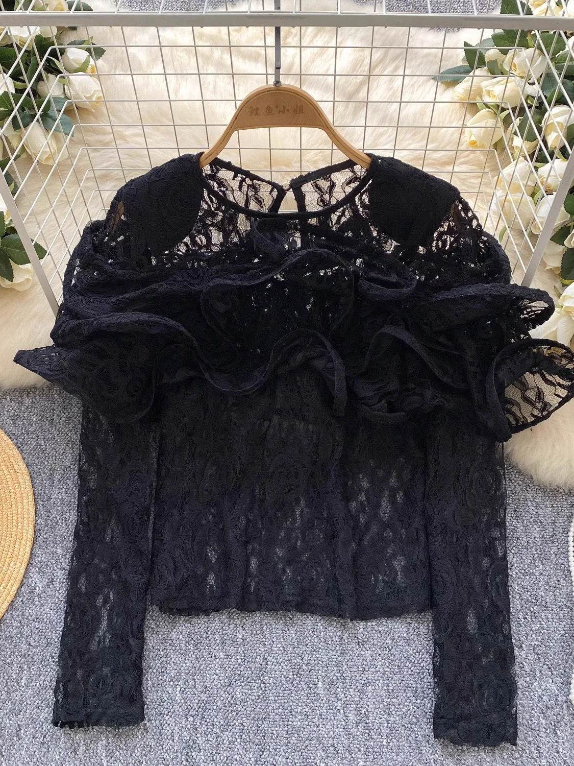 Spring Autumn Women Lace Blouse Sexy Black/White See Through Ruffle Shirt Elegant O-Neck Party Tops Blusas New Fashion 2026
