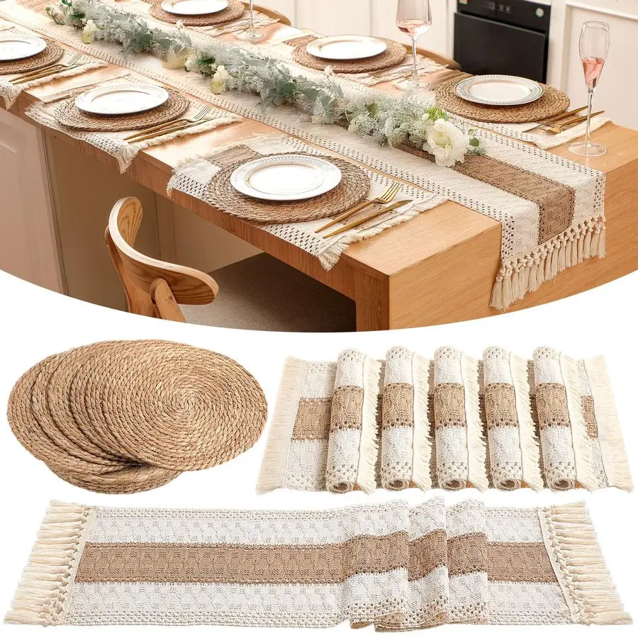

Boho Placemats 4 6 8 Set of Round Woven Placemat Macrame Style Bicolor Stitching Long Table Runner Farmhouse Rustic Natural Burl