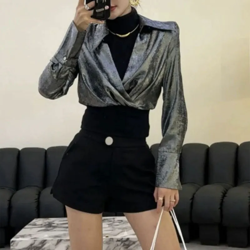 Fake Two Pieces Half High Collar Shirt Women\'s Clothing Commute Loose Autumn Winter Stylish Bright Silk Patchwork Waist Blouse