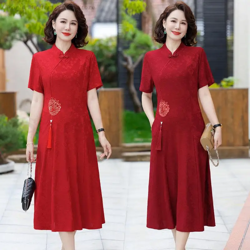 

Retro Jacquard A-Line Cheongsam Big Size 5XL Chinese Traditional Dress Mom Elegant Wedding Party Gown Summer Short Sleeved Qipao