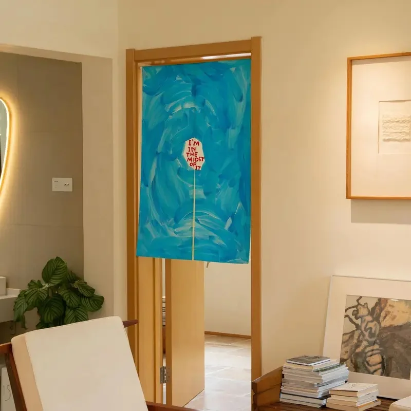 VIKAMA Creative Graffiti Door Curtain Bold Blue Paint Stroke and Quote Print Noren Curtain for Kitchen Bedroom Entrance
