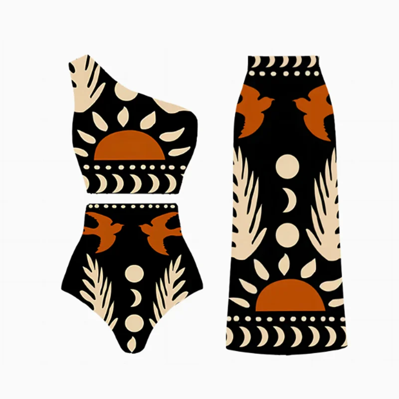 Women Swimsuit One Piece Swimsuit Tropical Printed Mesh Skirt Swimsuit Set