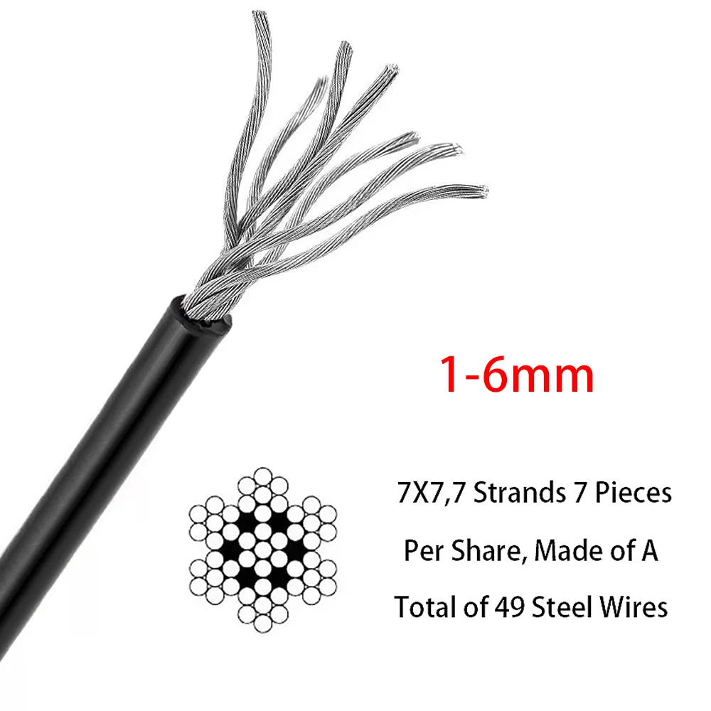 1-6mmBlack PVC Steel Wire Rope 304 Stainless Steel Handling Suspension Steel Cable Rope for Guardrail Suspension Handling 5-100M