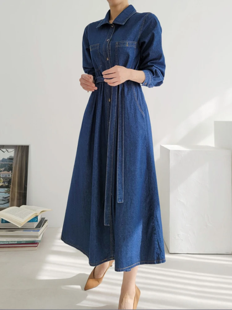 [EWQ] Korean Style Lace Up Waist Denim Shirt Dress Vintage Single Breasted Long Sleeve Dresses Women 2024 Spring Autumn 16U7978