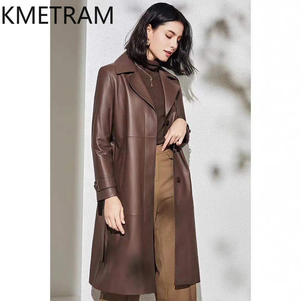 KMETRAM Genuine Sheepskin Leather Jacket Woman Belted Mid-Length Trench Coat Coat Casual Leather Jackets Women Clothes 2026 가죽자켓