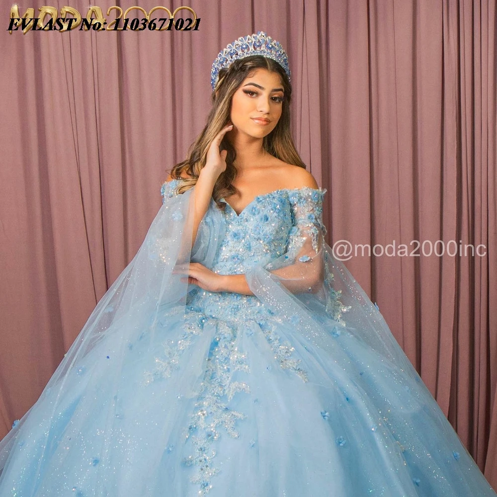 EVLAST personalizado azul Quinnceanera vestido De baile Apliques De encaje con cuentas capa De cristal corsé dulce 16 Vestidos De 15 Anos SQ602