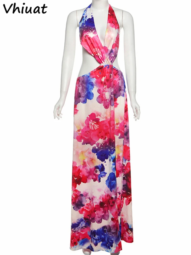 Vhiuat 꽃 프린트 백리스 드레스 여성용 홀터넥 슬림 민소매 맥시 드레스 휴가 여름 해변 파티 긴 드레스 잘라 내기