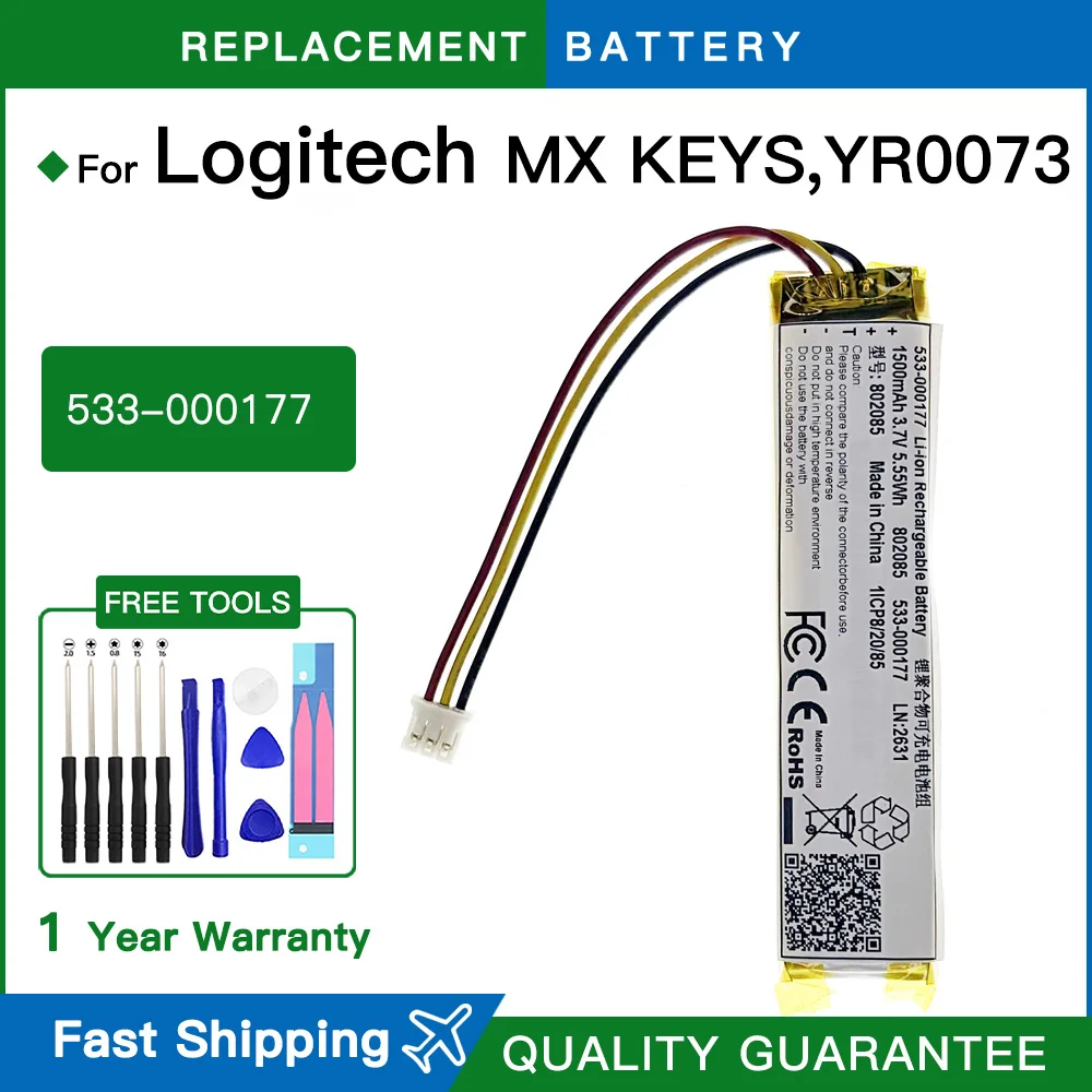 Brand New Battery 533-000177 533000177 For Logitech MX KEYS YR0073 Fits Li-Polymer 1500mAh/5.55Wh + Free Tools