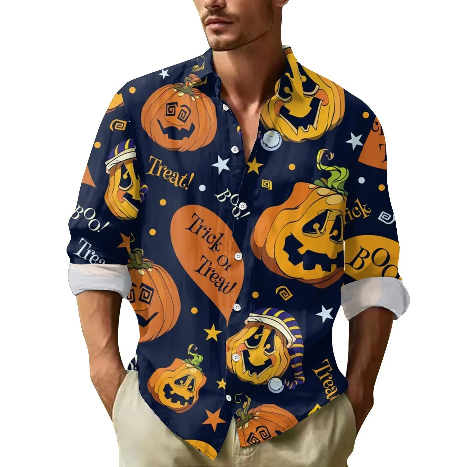 Men\'s Halloween Prints shirt Button Long Sleeve lapel Shirts Casual Fashion Versatile Basic Shirts top Blouse Men\'s Clothing